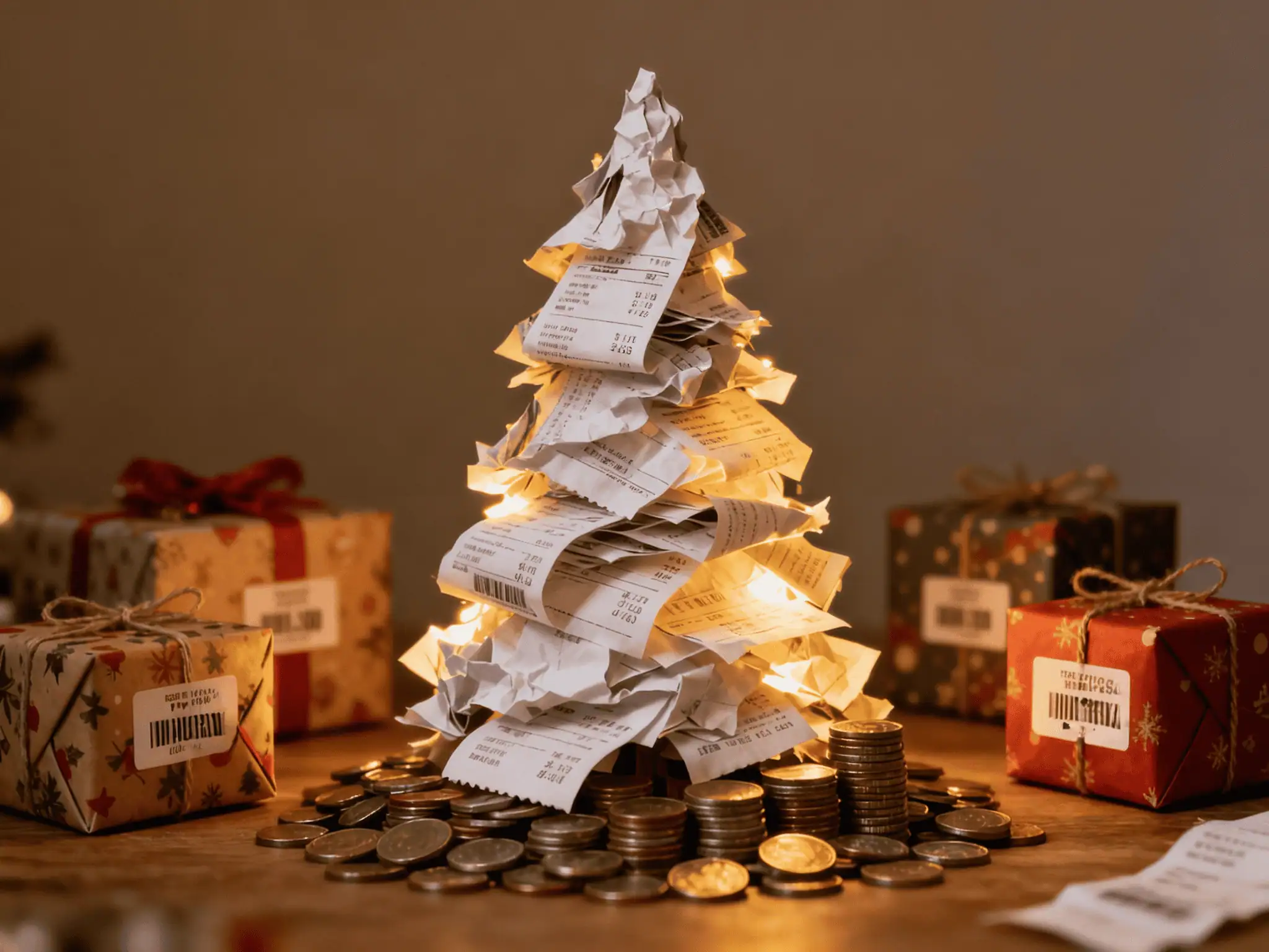 Vánoční stromeček z účtenek obklopený mincemi a dárky s cenovkami - generováno AI