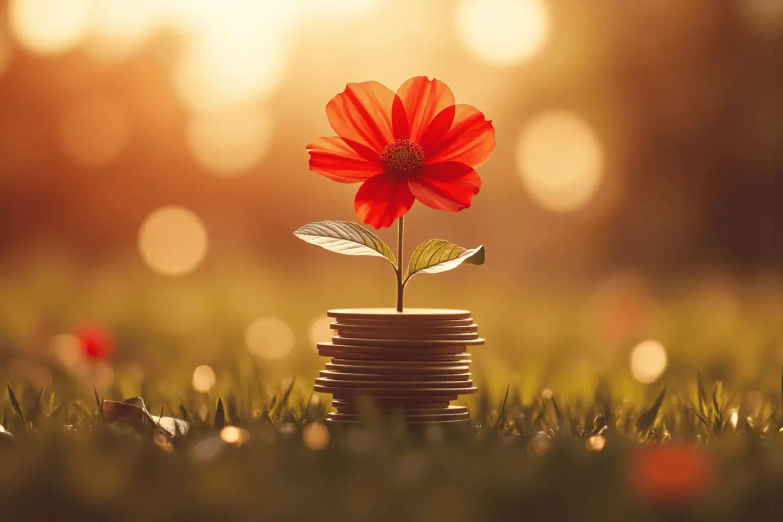 Červený květ vyrůstající z hromádky mincí na trávníku při západu slunce - generováno AI
