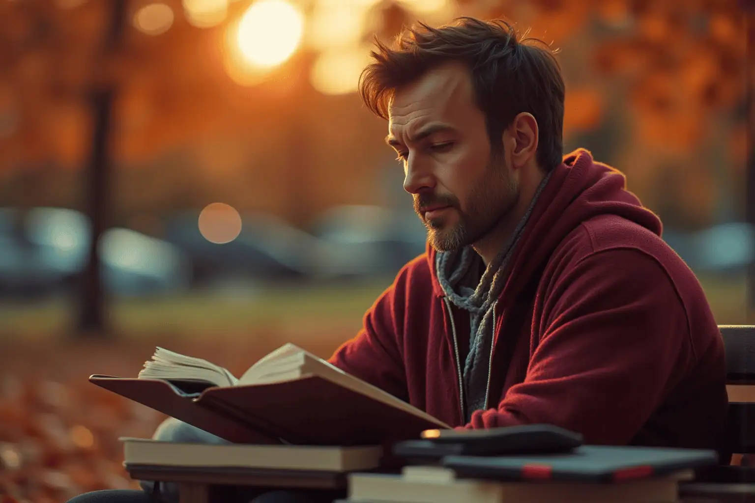 Muž v mikině čte knihu na lavičce v podzimním parku při západu slunce, mobil odložen - generováno AI