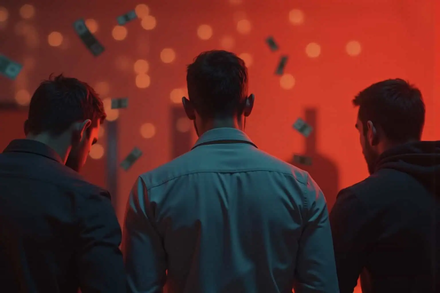 Tři muži zezadu v červeném světle, kolem nich poletují bankovky - generováno AI 