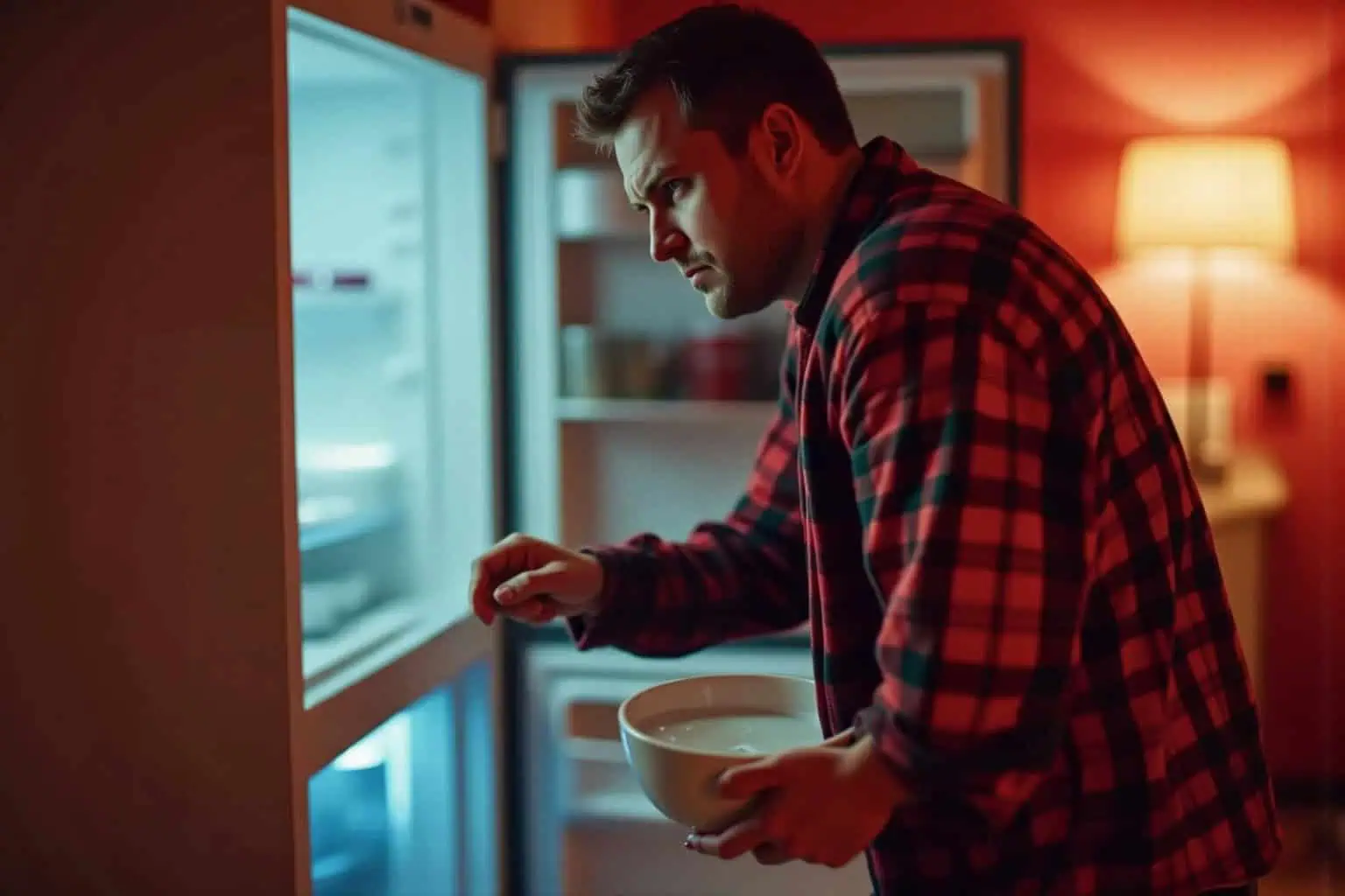 Muž v kostkované košili drží misku s vodou a dívá se do otevřeného mrazáku - generováno AI 
