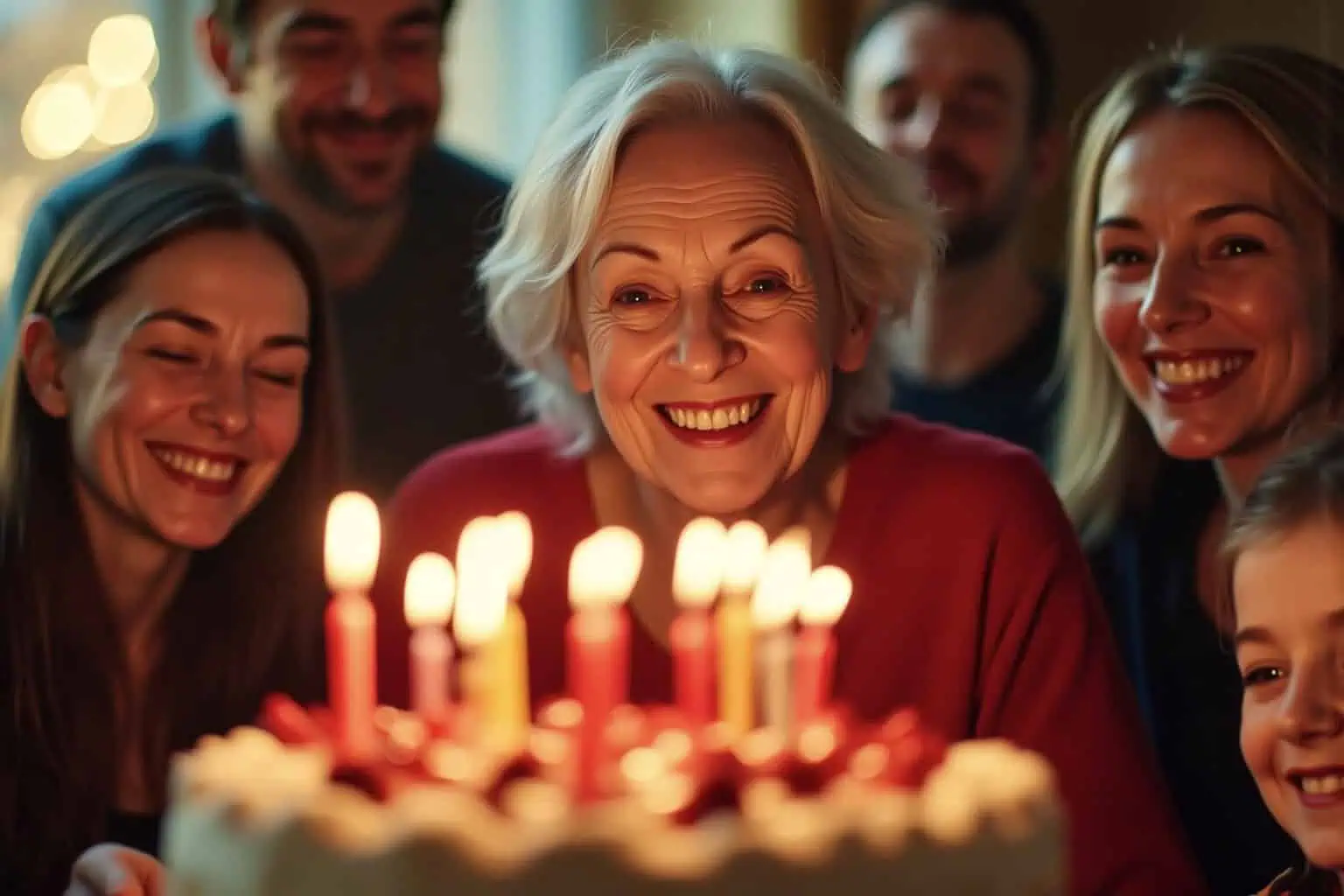 Usměvavá seniorka sfoukává svíčky na narozeninovém dortu obklopená rodinou - generováno AI 