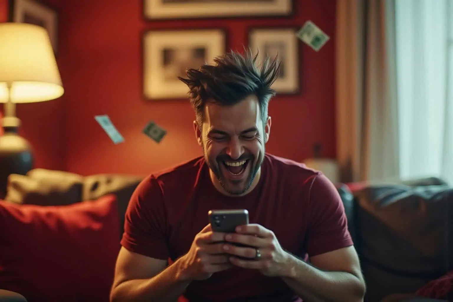 Muž se směje na gauči, drží telefon, kolem létají bankovky - generováno AI