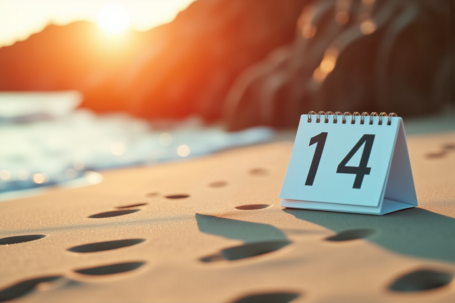 Stolní kalendář s číslem 14 stojí na písku, v pozadí moře a zapadající slunce - generováno AI 