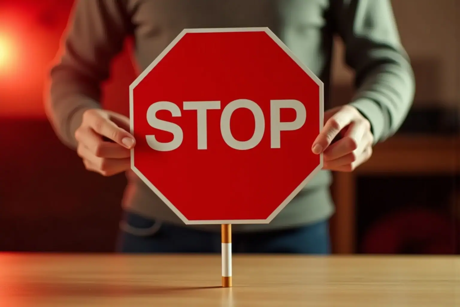 Osoba drží červenou stopku zapíchnutou do cigarety - generováno AI