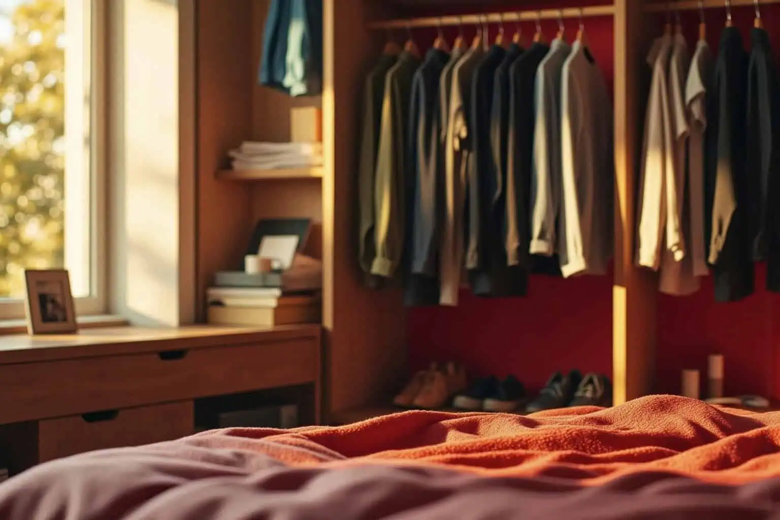 Minimalistický šatník s oblečením v neutrálních barvách zavěšeným ve skříni - generováno AI