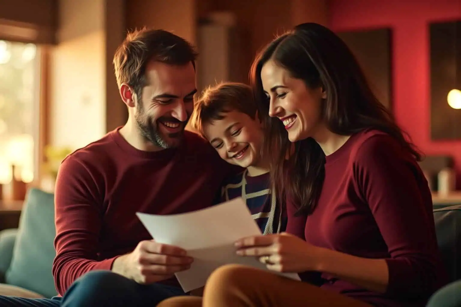 Usměvavá rodina sedí na gauči a společně si prohlíží papír s finančním plánem - generováno AI