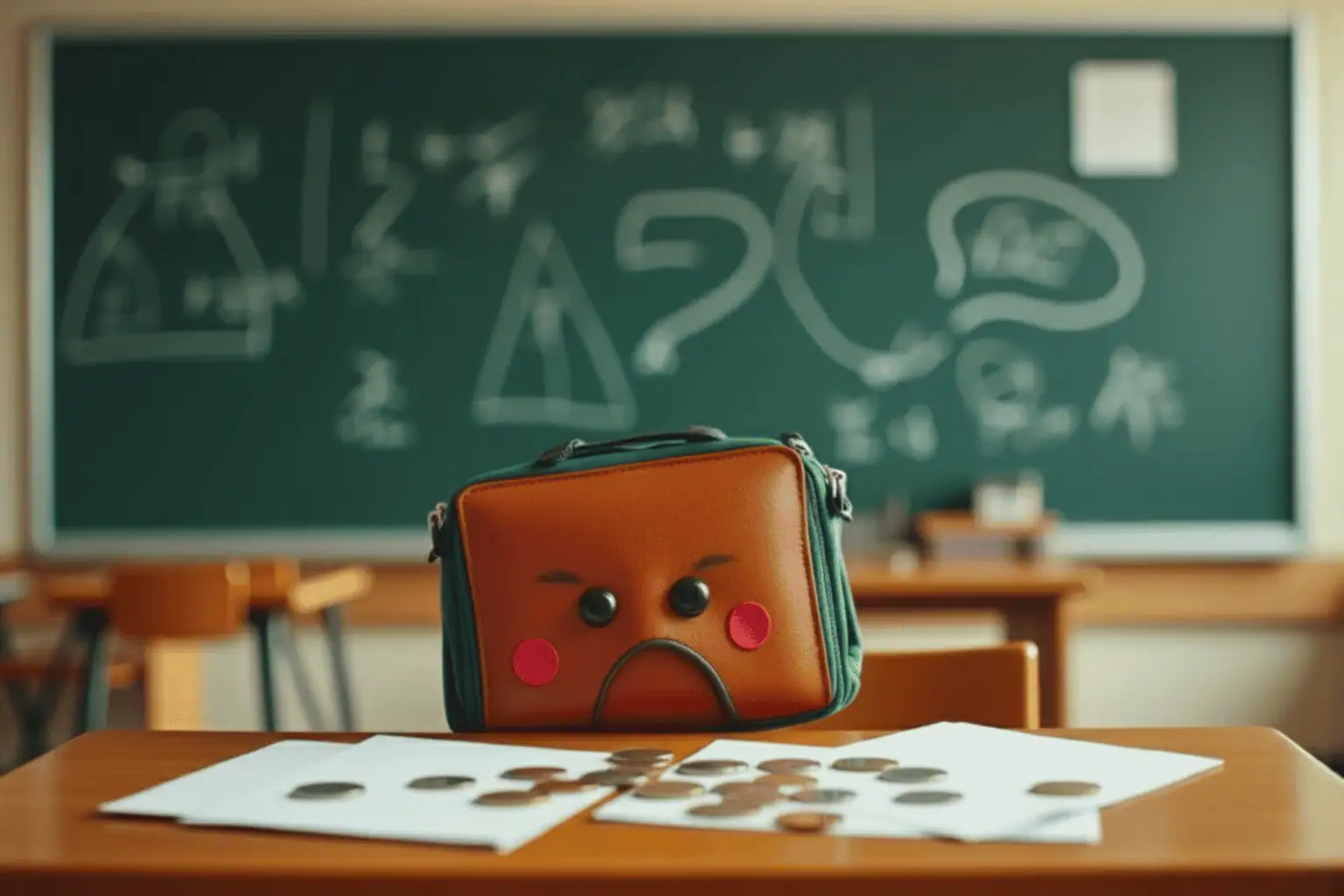 Naštvaná peněženka před tabulí - generováno AI 