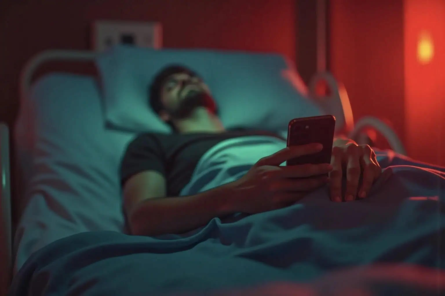 Muž leží v nemocniční posteli a drží mobilní telefon v ruce - generováno AI