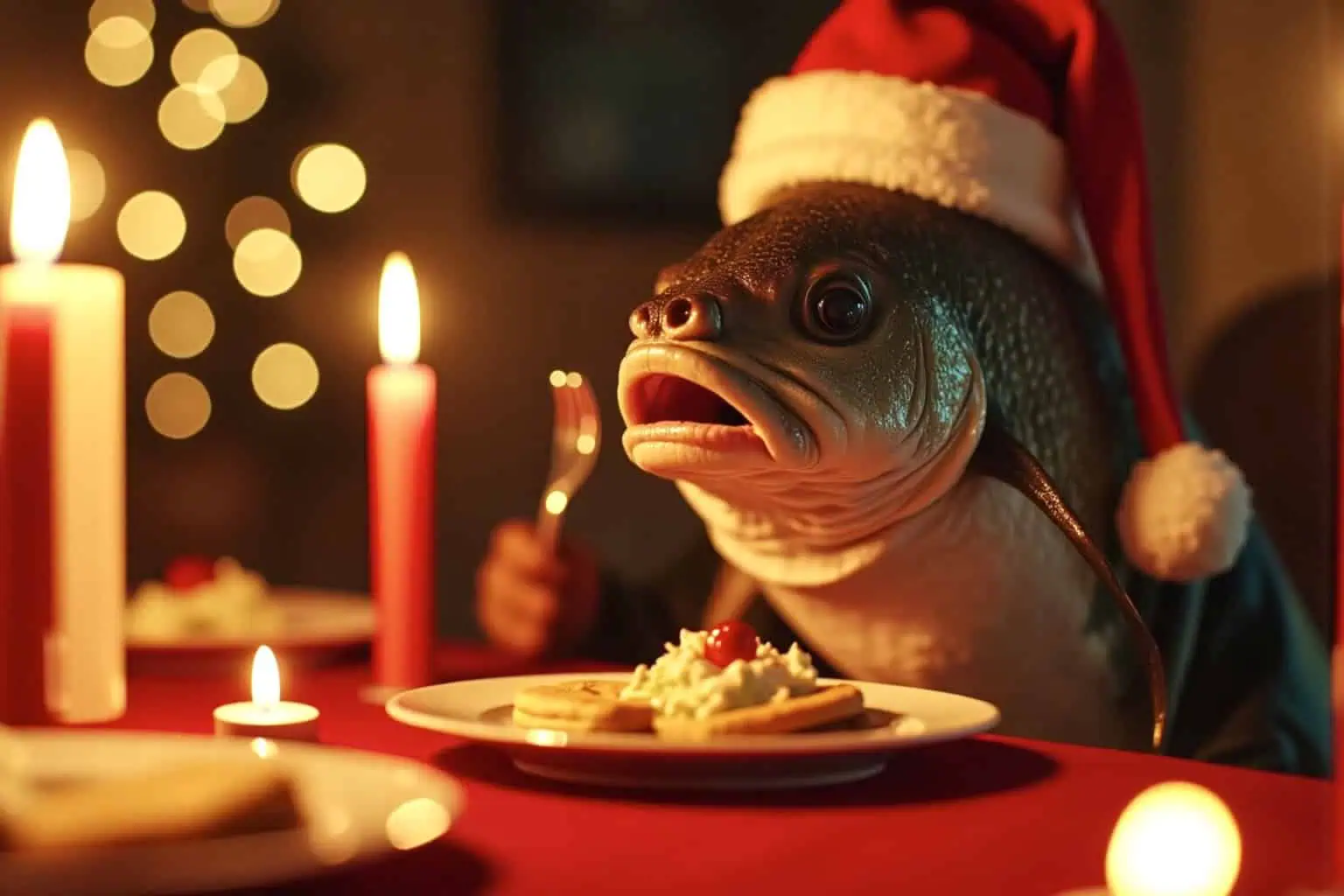 Kapr s vánoční čepicí sedí u svátečního stolu s příborem v ploutvích - generováno AI 