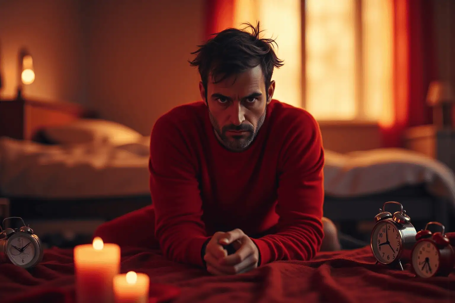 Muž v pyžamu leží na posteli, má rozcuchané vlasy a vážný výraz - generováno AI 