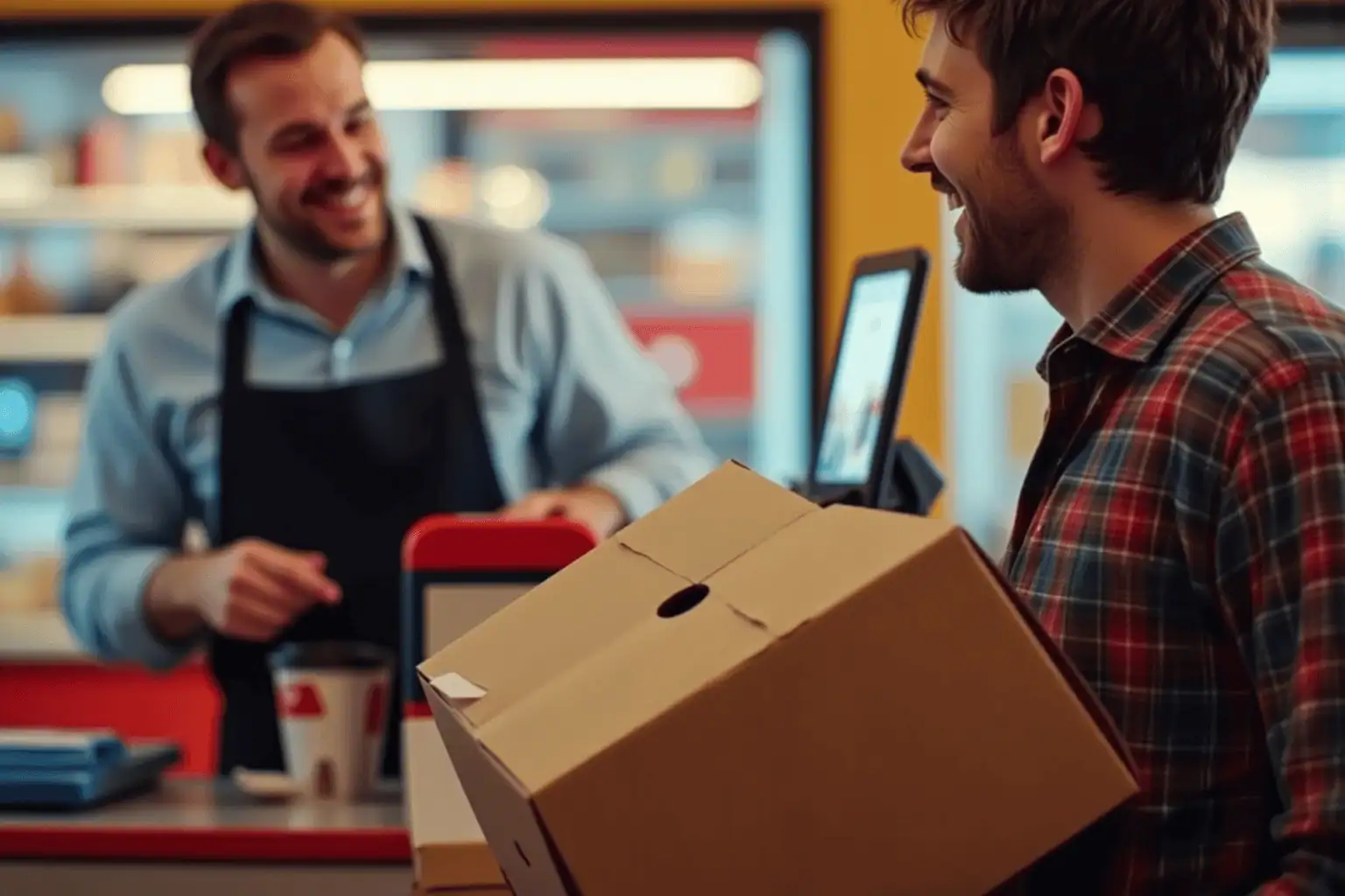Muž s krabicí u pokladny se usmívá na prodavače - generováno AI 
