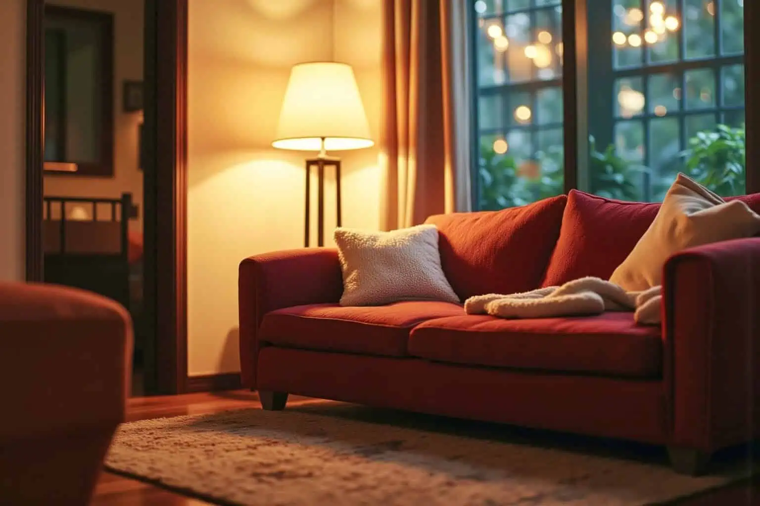 Útulný obývací pokoj s červenou pohovkou, polštáři a teplým osvětlením lampy - generováno AI 