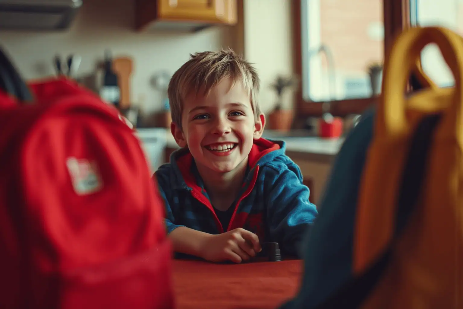 Usměvavý chlapec sedí u stolu mezi dvěma školními batohy - generováno AI 