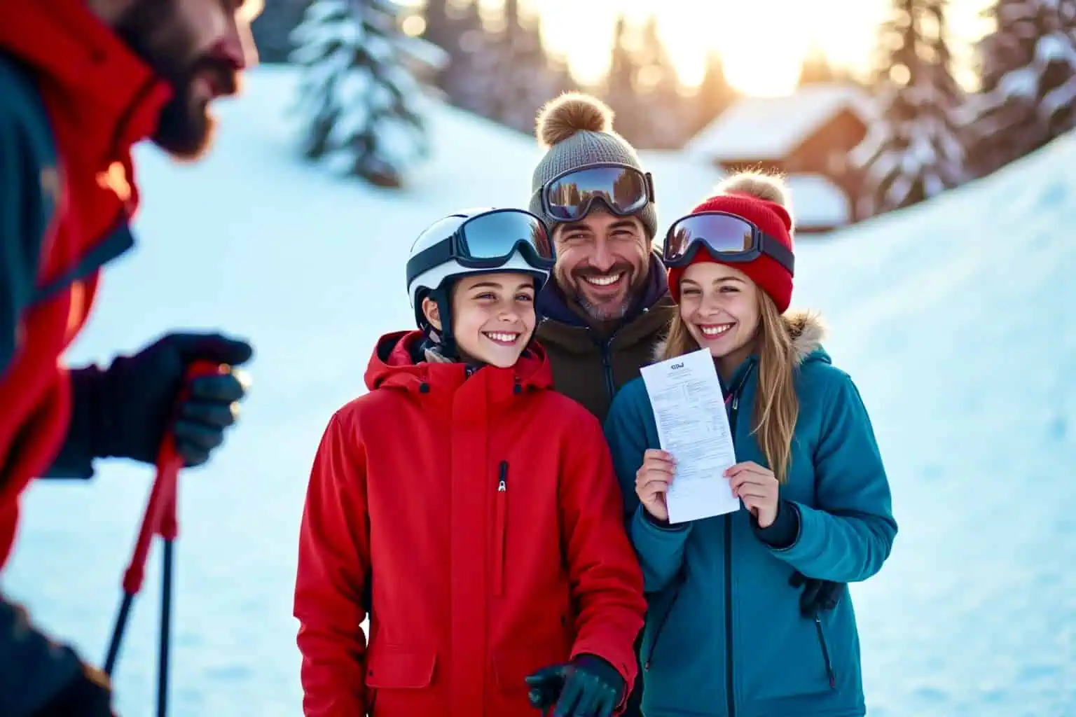 Usměvavá rodina na horách drží účet z lyžařské dovolené - generováno AI 