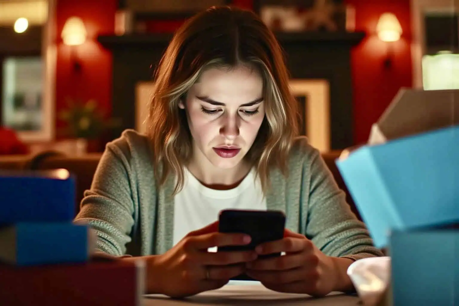 Mladá žena doma soustředěně sleduje displej mobilu - generováno AI 