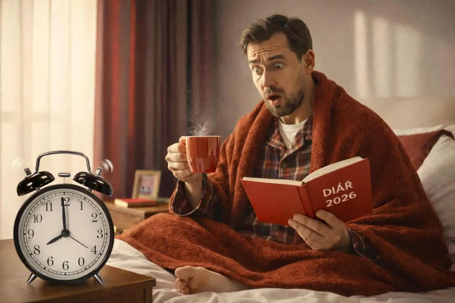 Muž v posteli s budíkem a diářem v ruce - generováno AI 