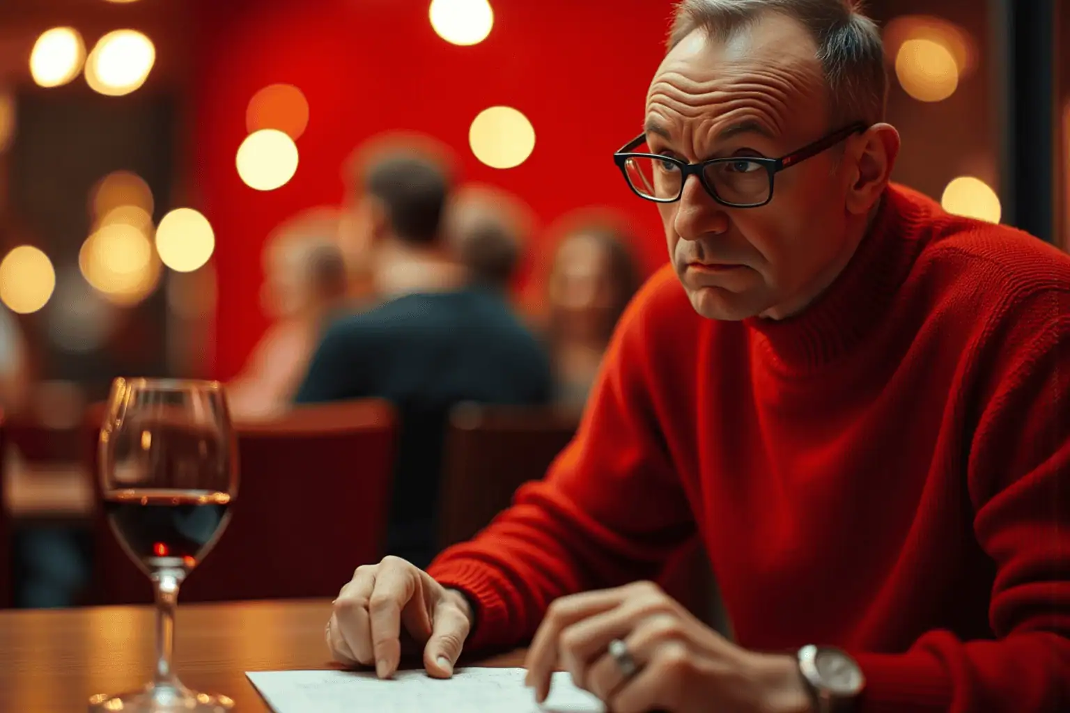 Muž v červeném svetru zamyšleně sedí u stolu a ignoruje sklenku s vínem - generováno AI