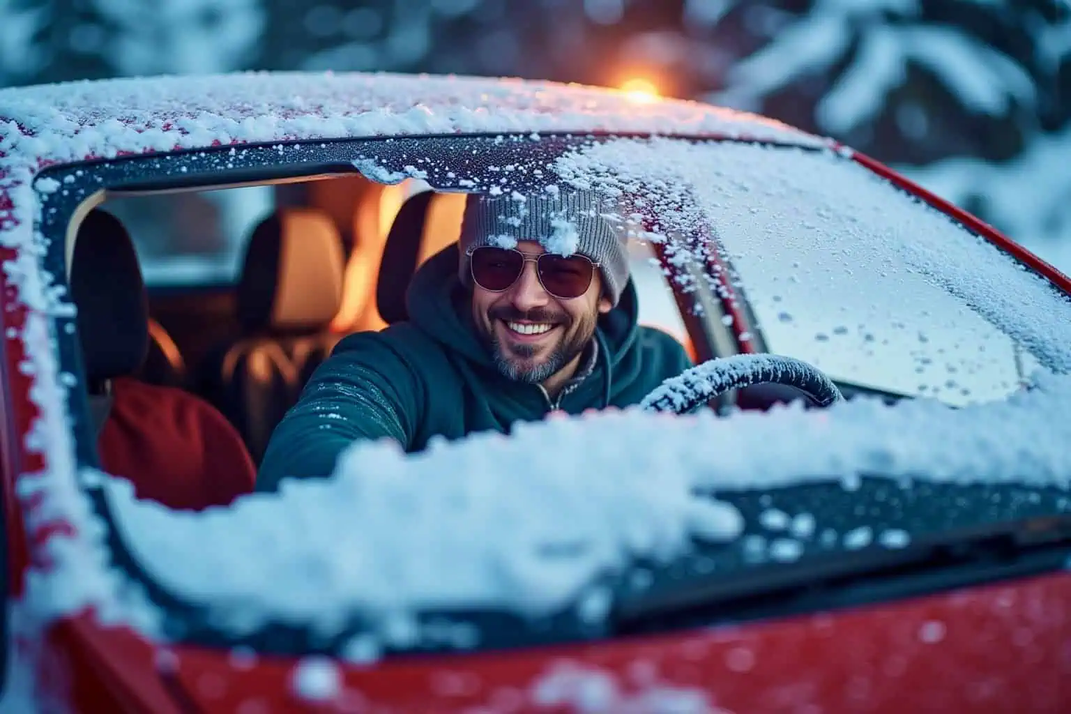 Muž v zimní čepici se směje za volantem auta pokrytého sněhem - generováno AI