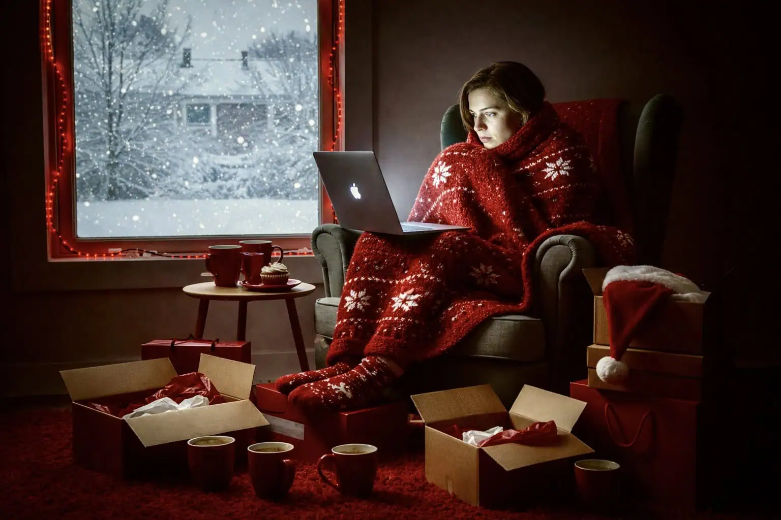 Žena v dece u okna během zimy nakupuje online, kolem ní jsou hrnky a rozbalené balíčky - generováno AI 