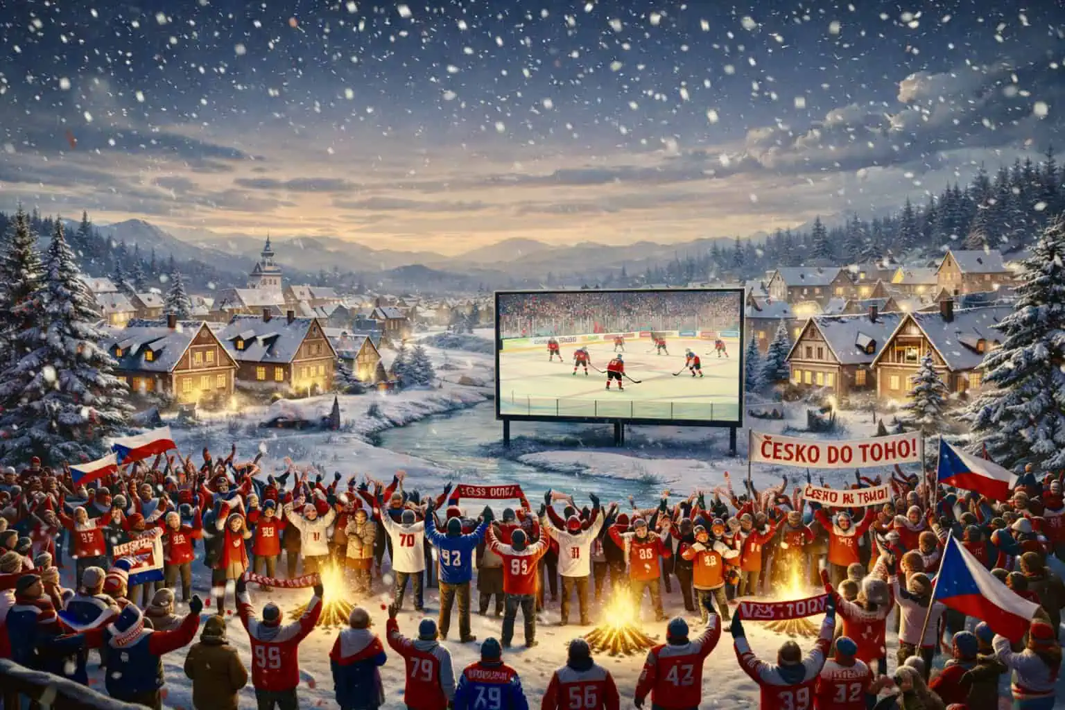 Čeští fanoušci sledují hokej na velkém plátně uprostřed zasněžené vesnice - generováno AI 