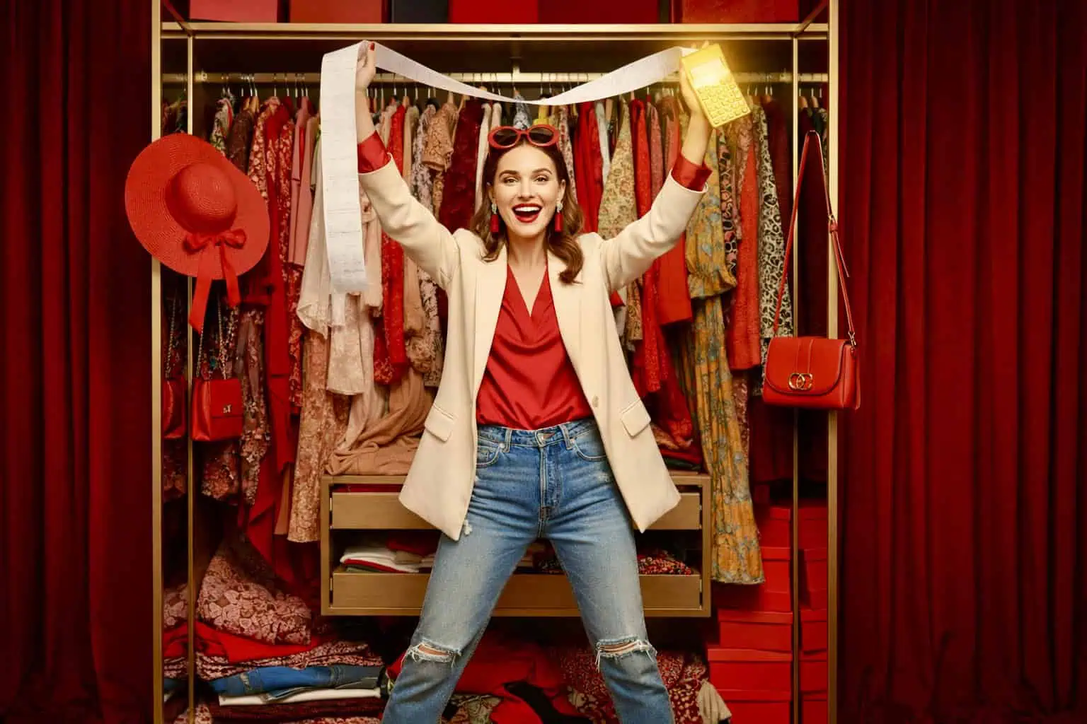 Žena před skříní plnou oblečení drží dlouhou účtenku a kalkulačku, vypadá nadšeně - generováno AI 