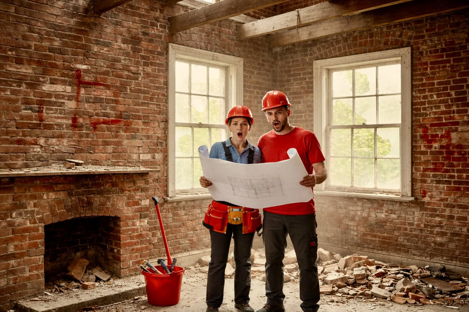 Pár v helmách drží plán a překvapeně stojí v rozestavěném cihlovém domě - generováno AI