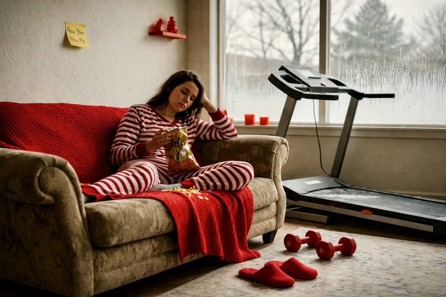 Žena v pyžamu sedí na gauči s chipsy, vedle ní nepoužívaný běžecký pás a činky - generováno AI