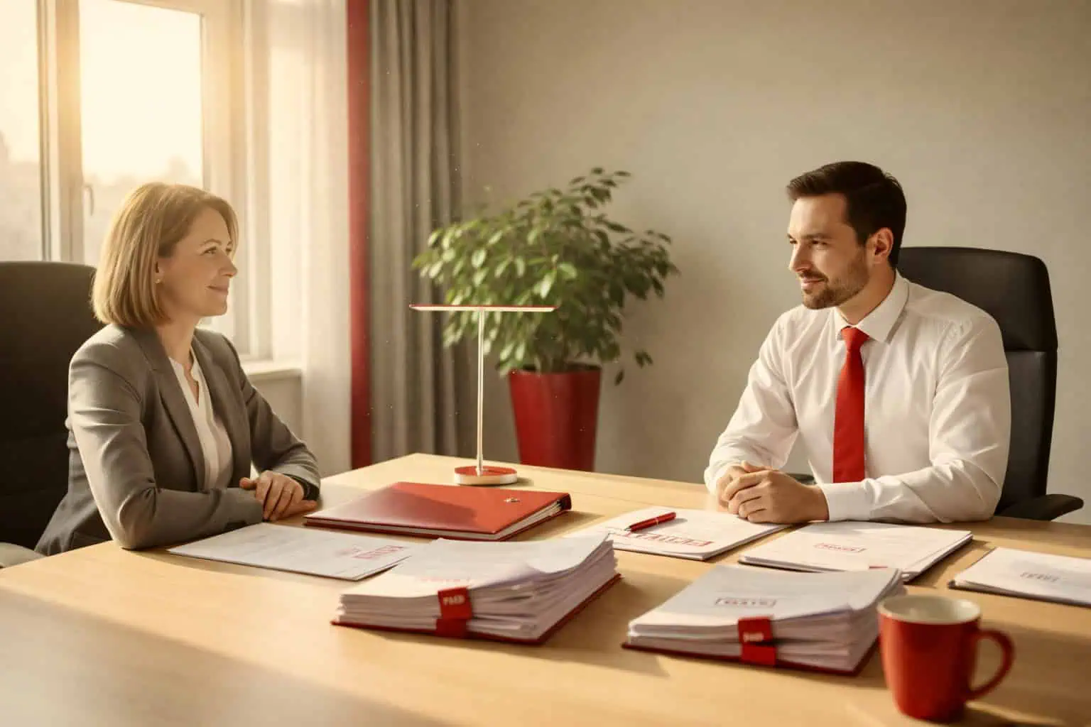 Muž a žena při obchodní schůzce v kanceláři - generováno AI