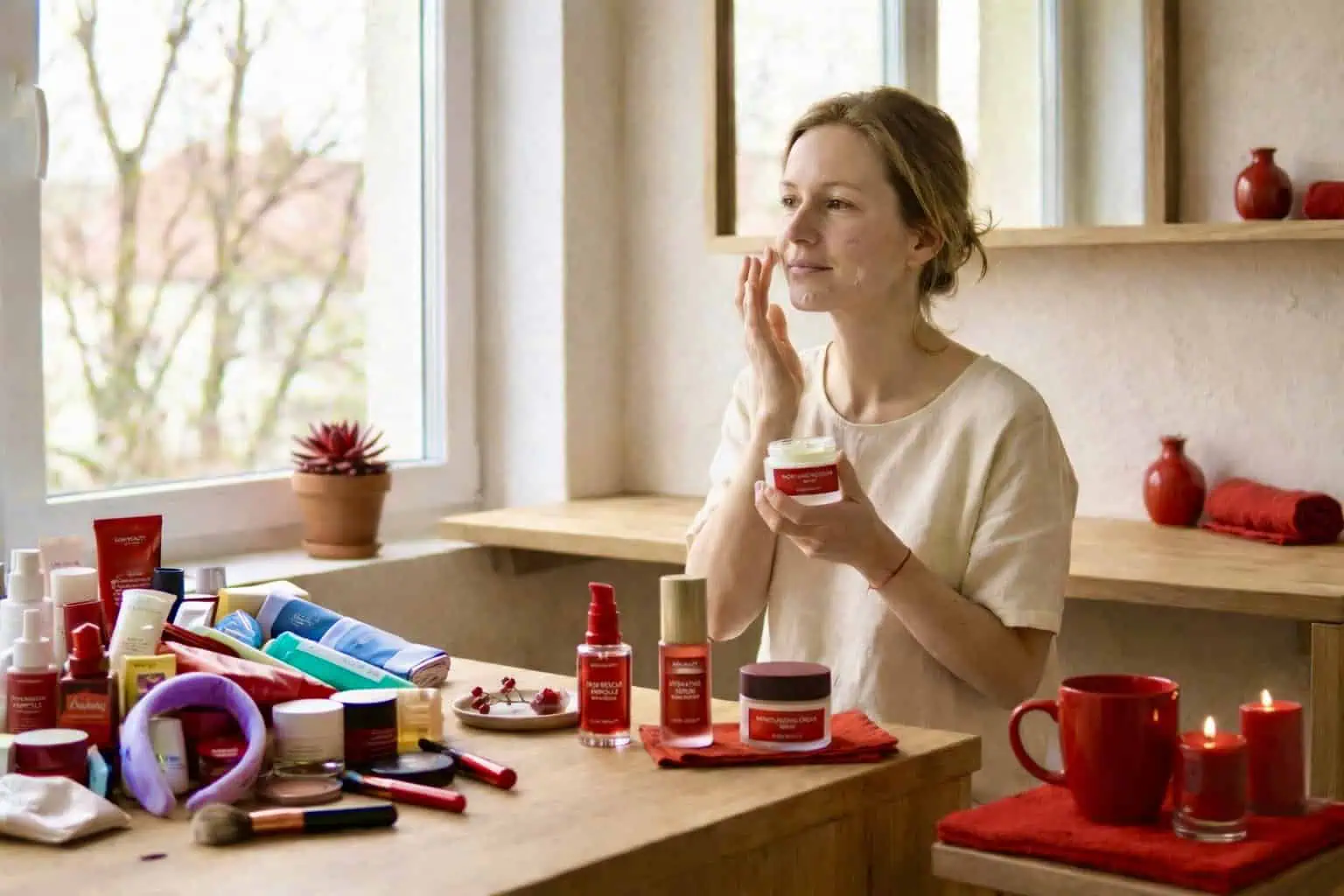 Žena si nanáší krém u kosmetického stolku - genrováno AI