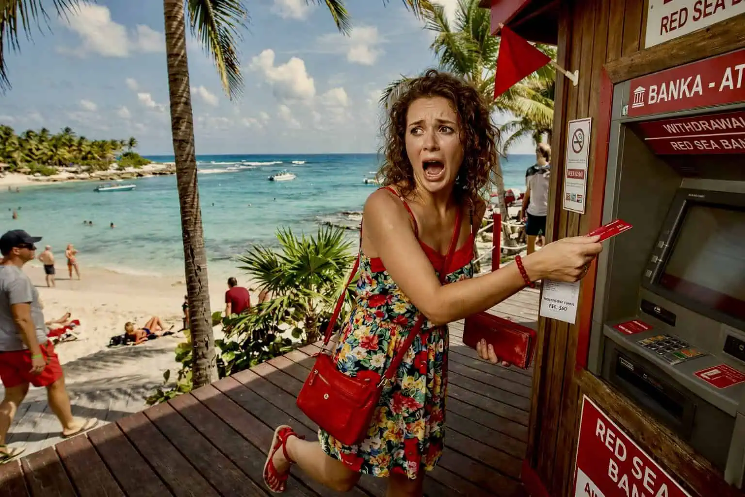 Turistka vybírá peníze z bankomatu u tropické pláže - generováno AI