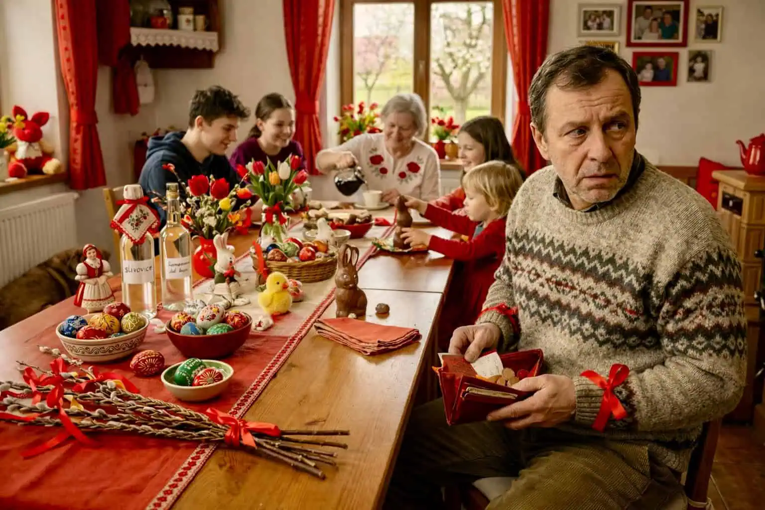 Muž u velikonočního stolu kontroluje prázdnou peněženku, zatímco rodina slaví kolem něj - generováno AI