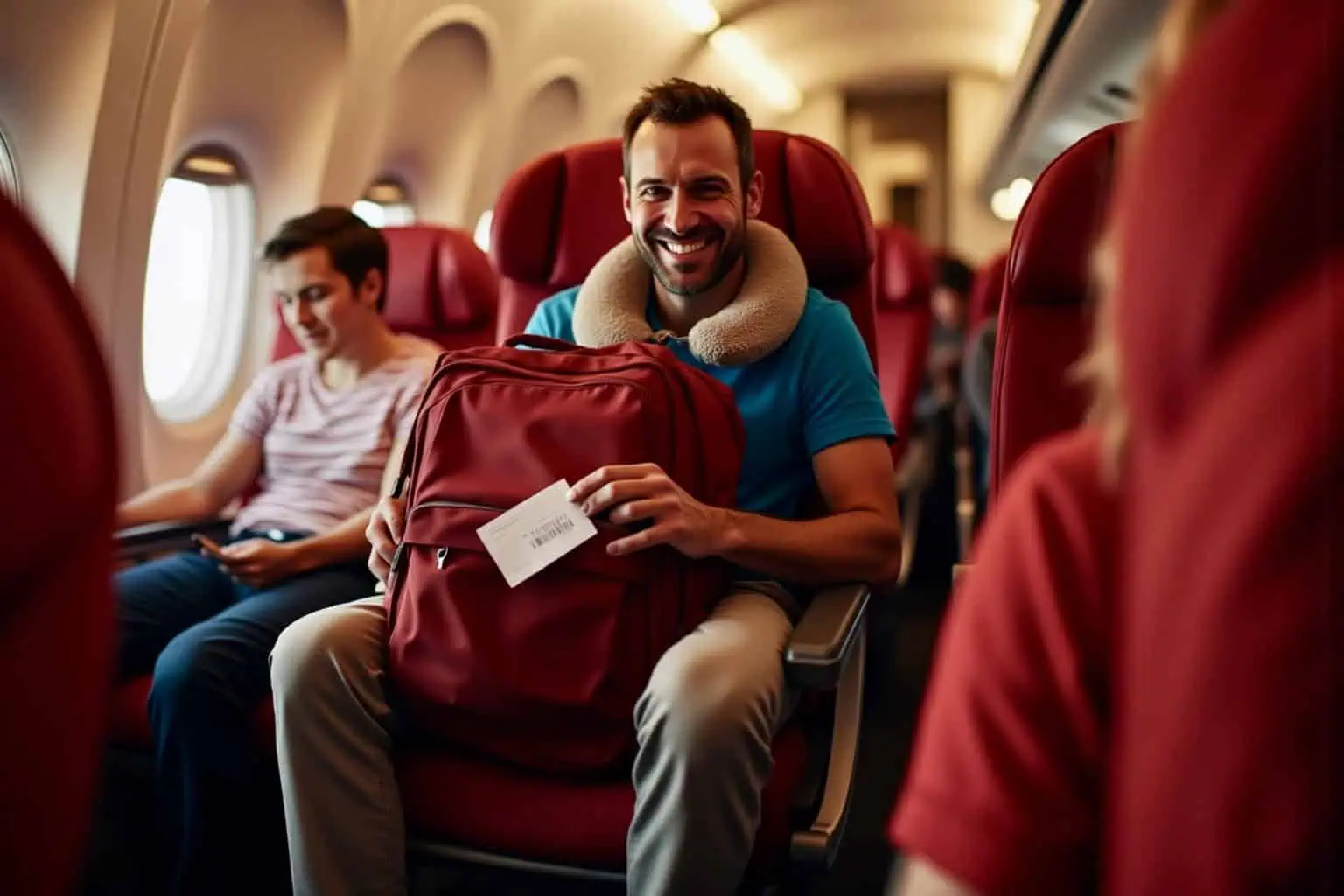 Muž s batohem sedí v letadle s úsměvem - generováno AI