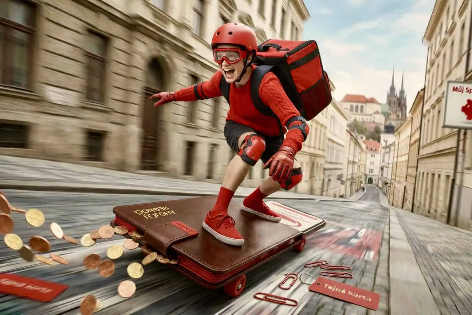 Mladý muž jede z kopce na kreditní kartě jako na skateboardu, kolem létají mince - generováno AI