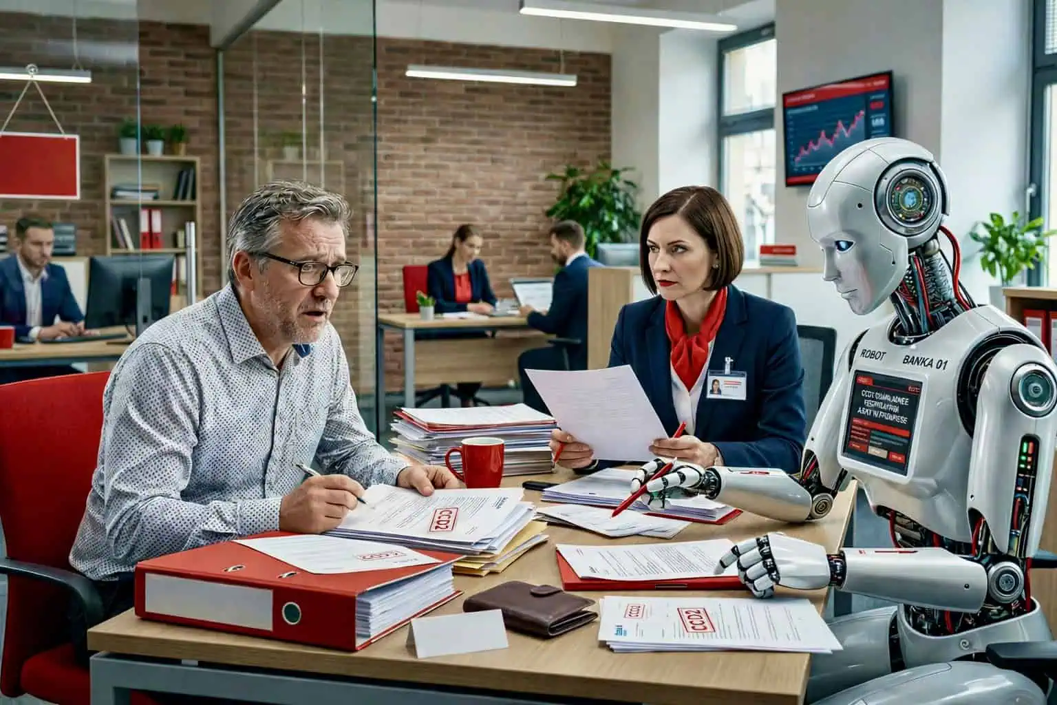 Muž řeší úvěr s bankéřkou a robotem u stolu plného dokumentů CCD2 - generováno AI