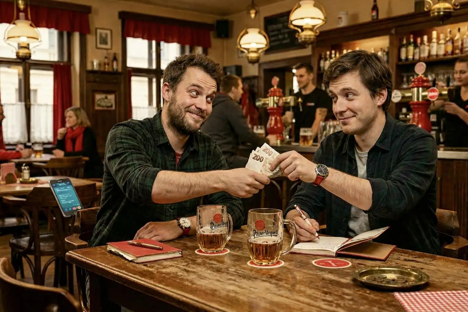 Dva kamarádi si v hospodě půjčují peníze u piva - generováno AI 