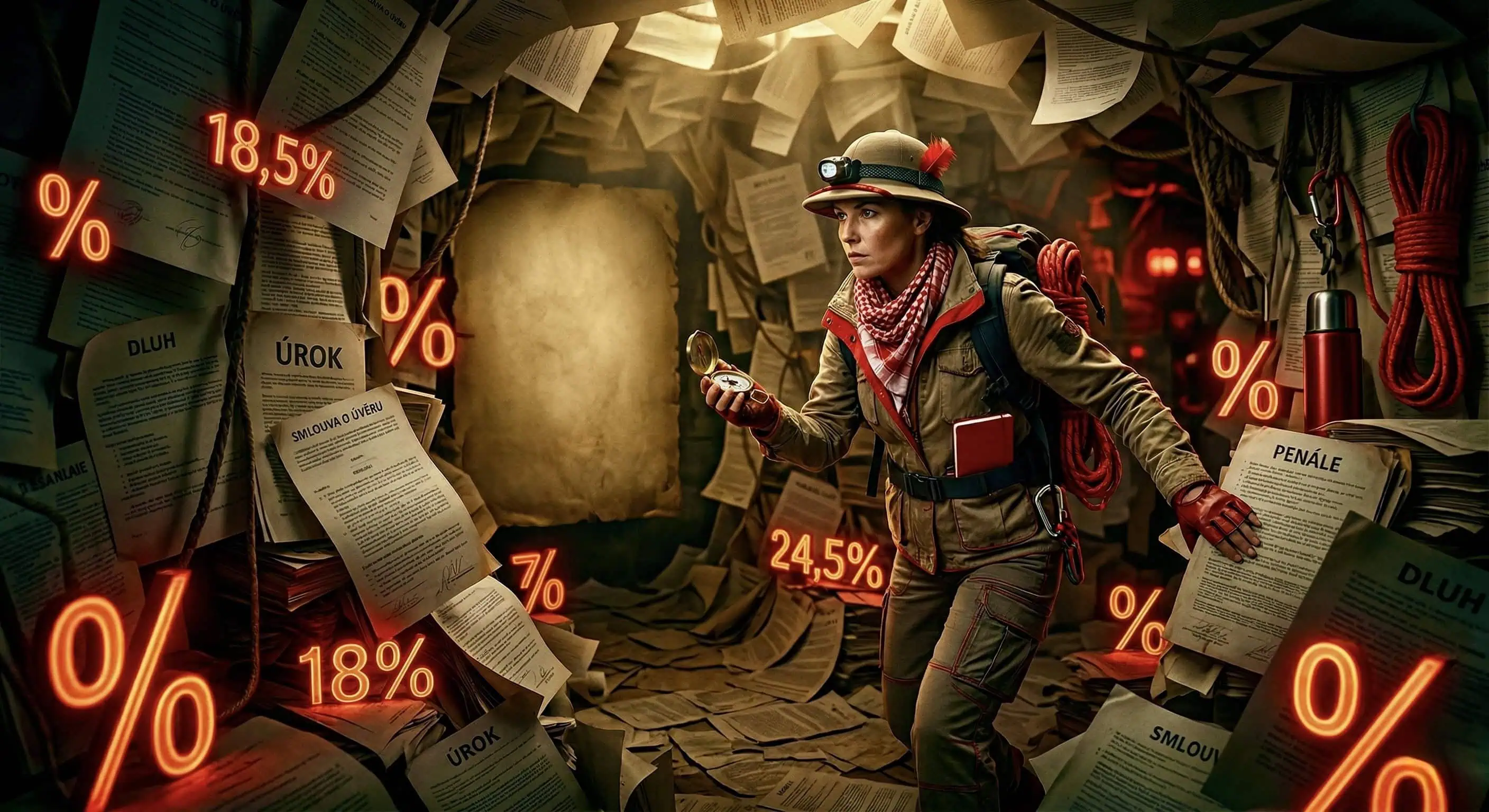 Dobrodružka prochází jeskyní plnou smluv a dluhů se svítícími procenty kolem sebe - generováno AI