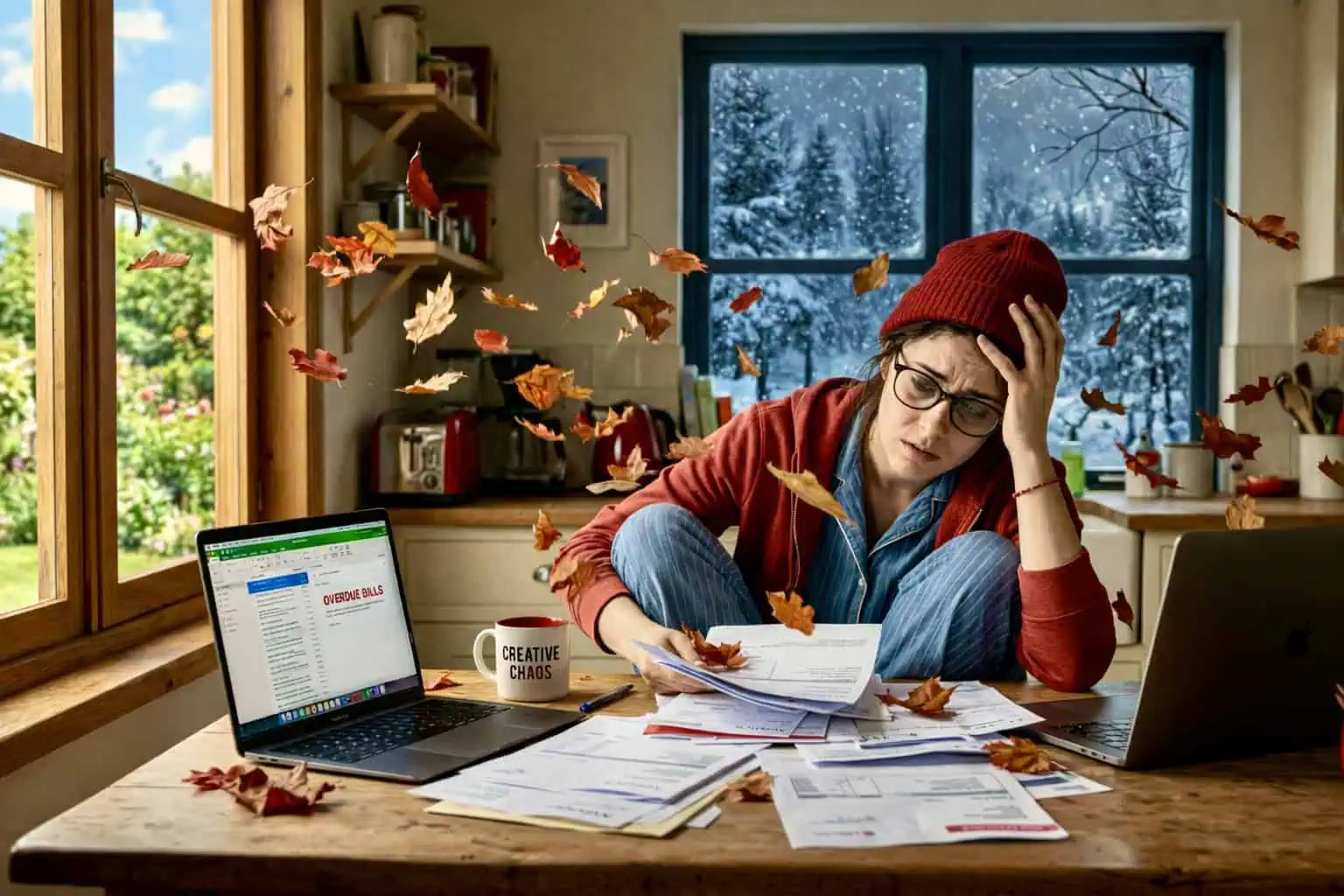 Stresovaný freelancer u stolu s účty, kontrast léta a zimy za oknem - generováno AI