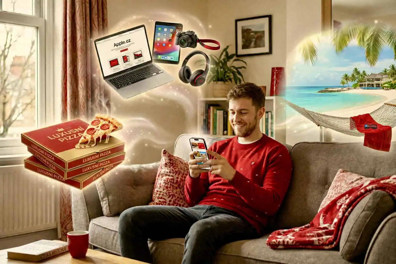 Muž na gauči sleduje mobil a představuje si utrácení za luxus a zážitky - generováno AI