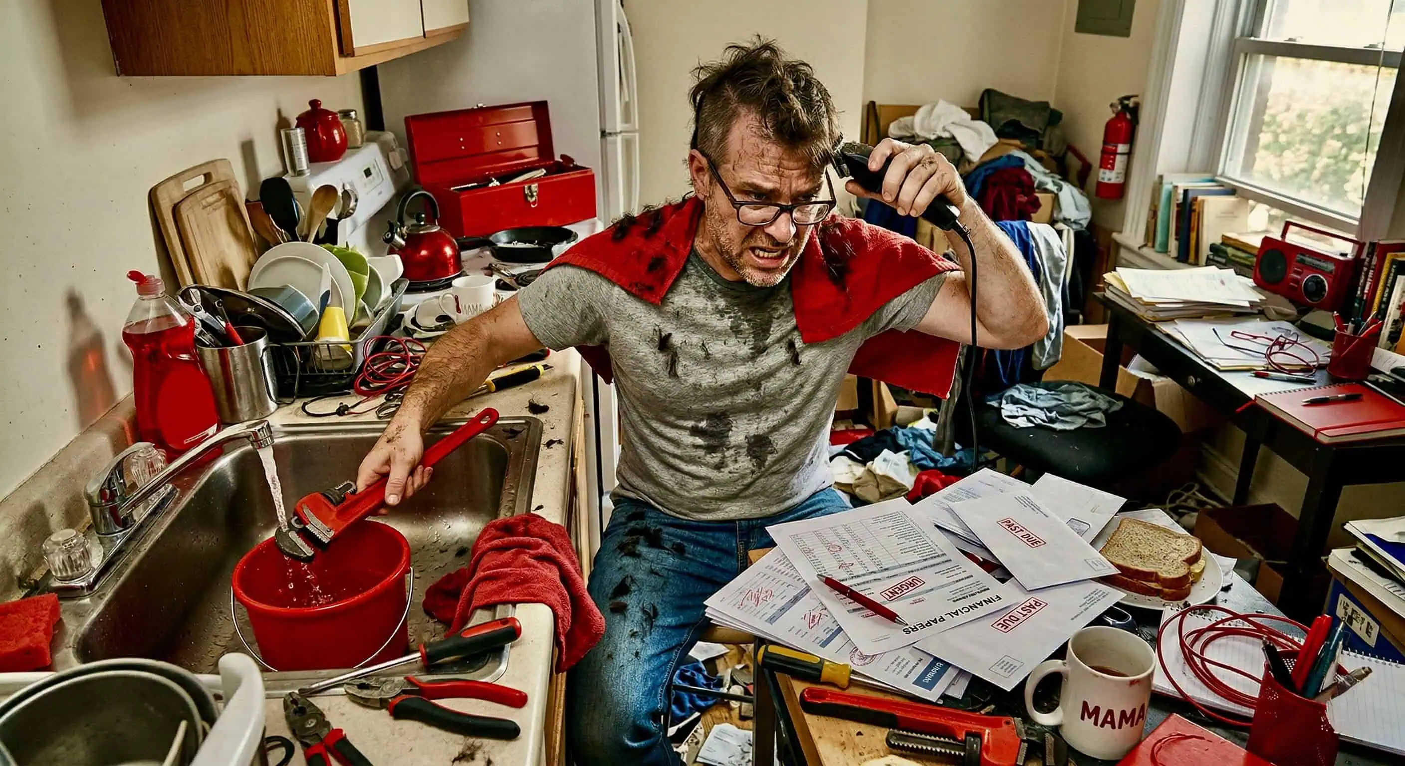 Muž ve zmatku opravuje dřez, stříhá si vlasy a řeší papíry v nepořádku - generováno AI