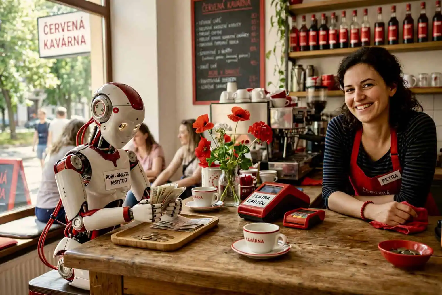 Robot počítá peníze za barem vedle usměvavé baristky - generováno AI