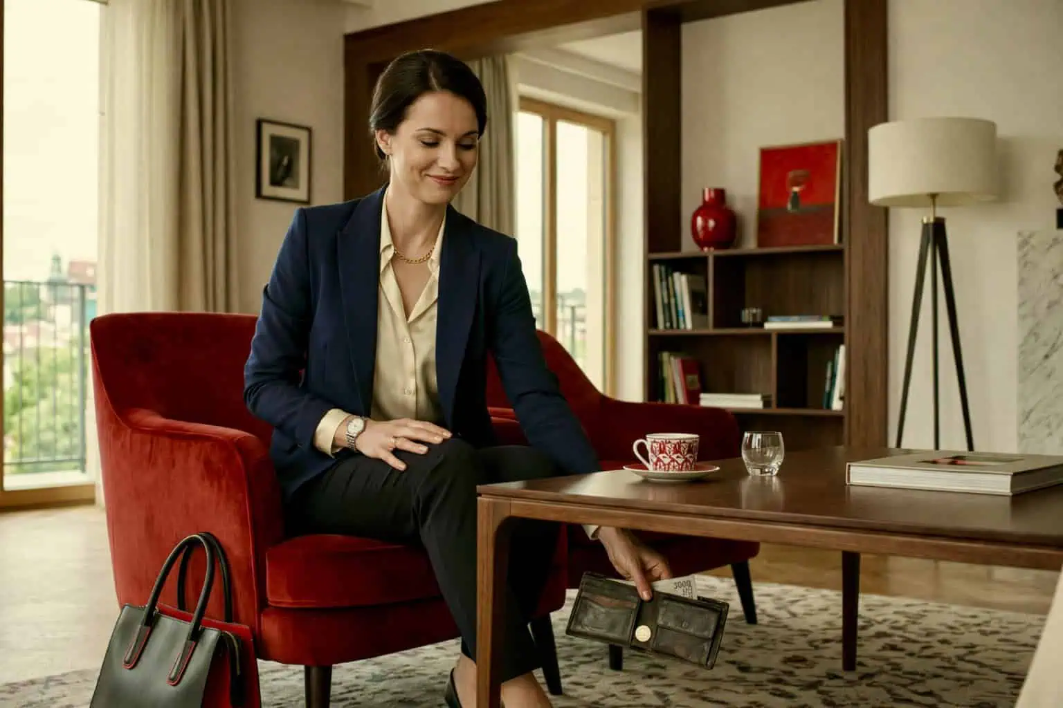 Elegantní žena v obývacím pokoji nenápadně sahá po téměř prázdné peněžence pod stolem - generováno AI