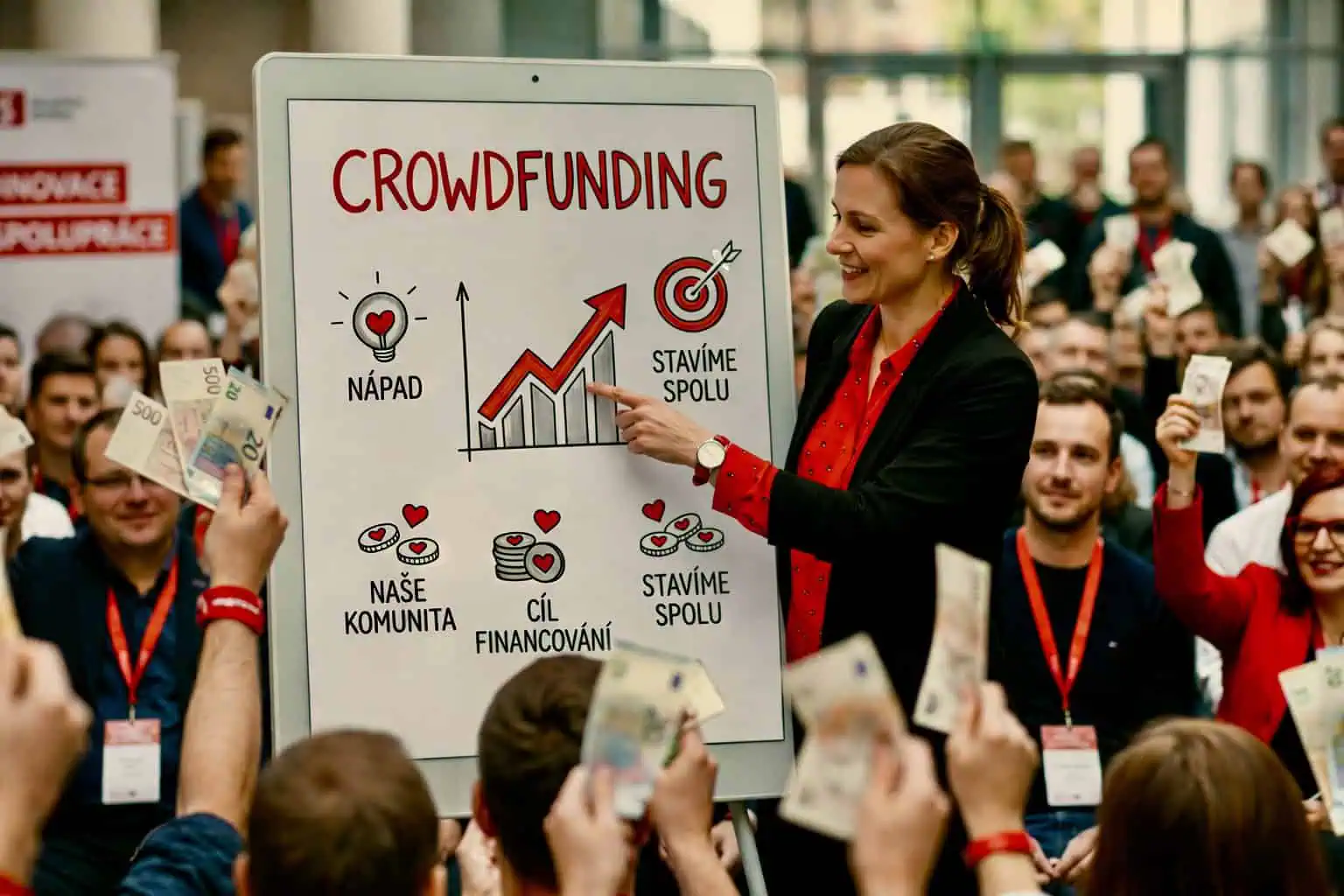 Žena prezentuje crowdfundingový nápad - generováno AI