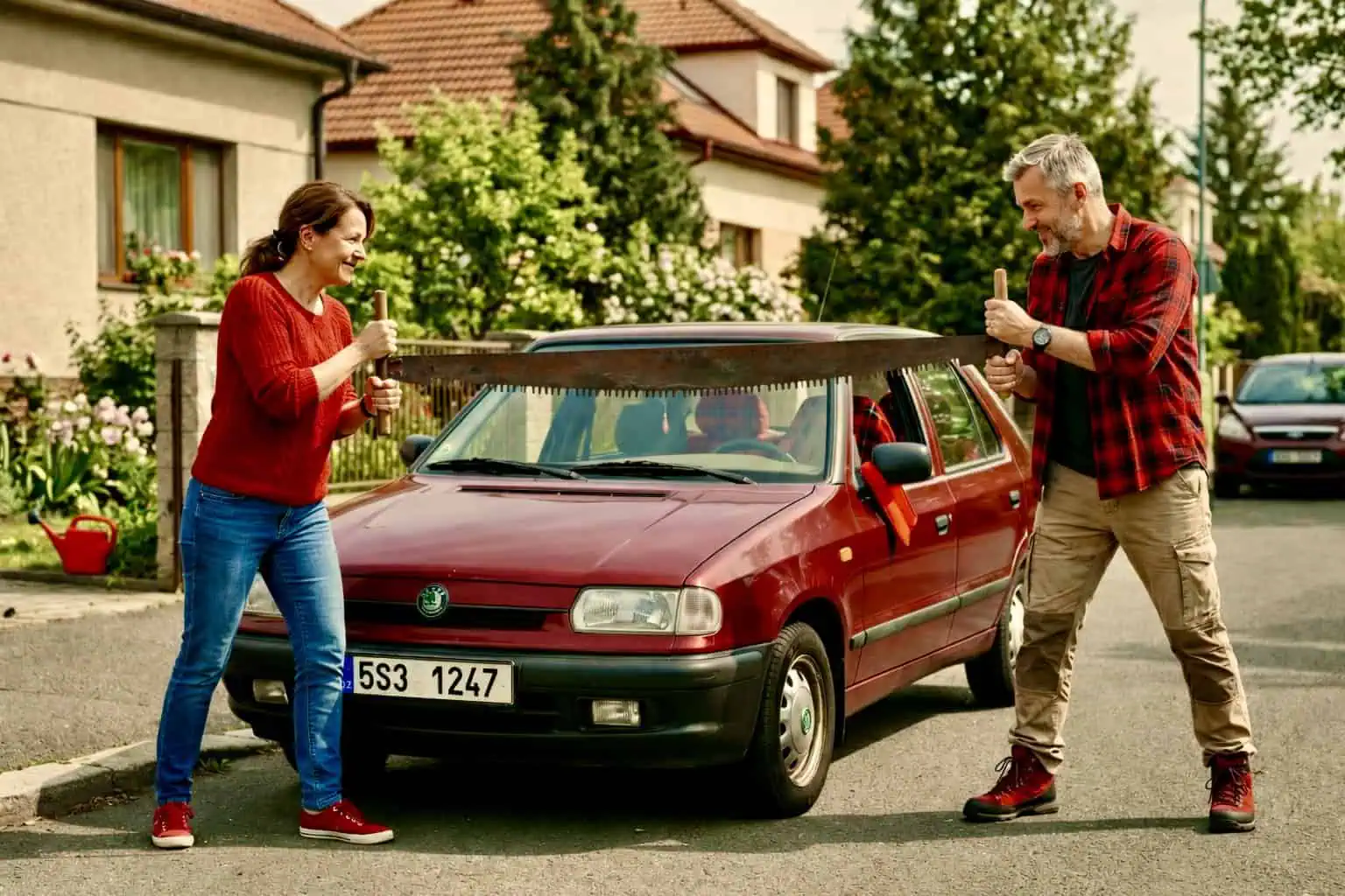 Pár symbolicky řeže auto napůl - generováno AI