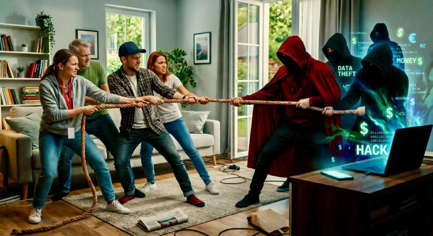 Přetahovaná lidí s kyberzločinci o peníze v obýváku - generováno AI