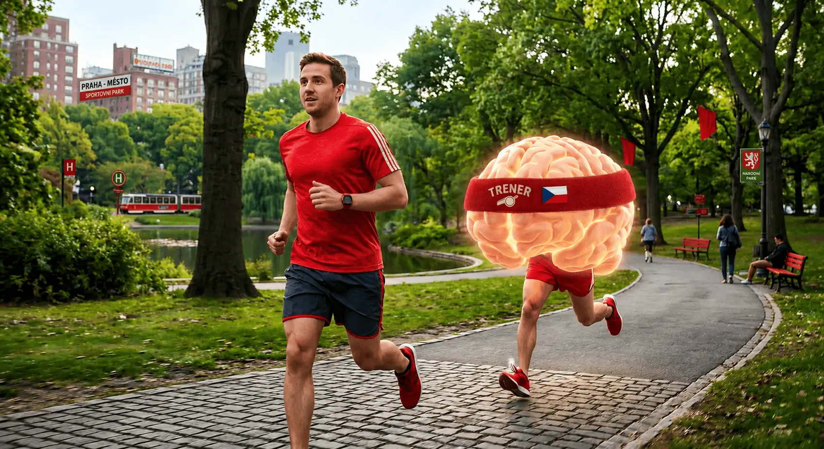 Běžec utíká před vlastním mozkem v parku - generováno AI