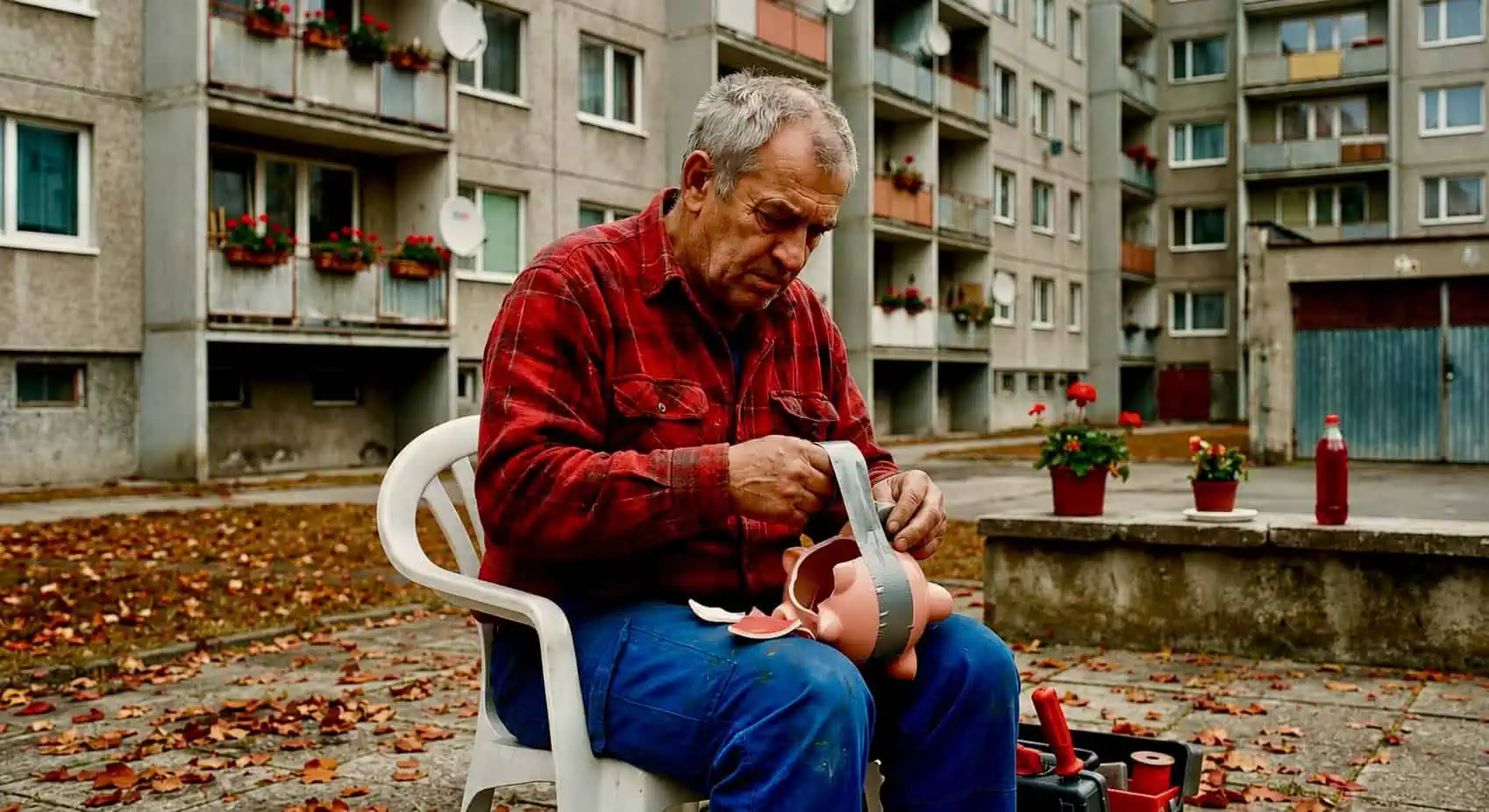 Starší muž sedí před panelákem a lepí rozbité prasátko izolepou - generováno AI
