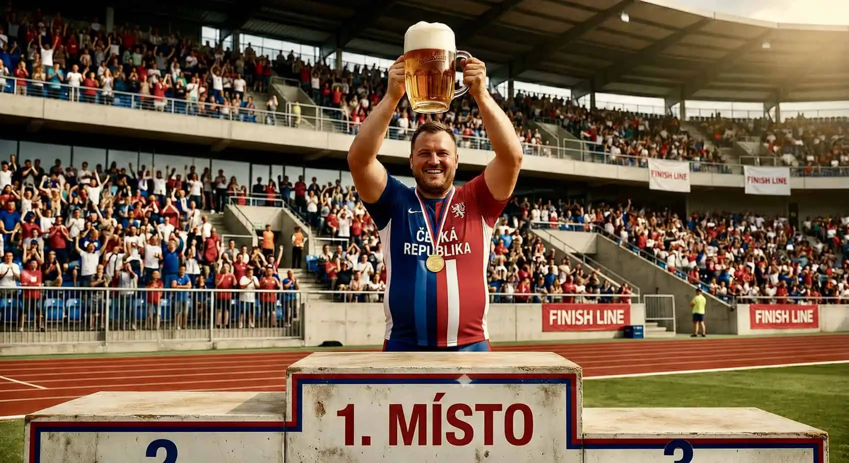 Český sportovec slaví na stadionu vítězství s obřím půllitrem piva v ruce - generováno AI