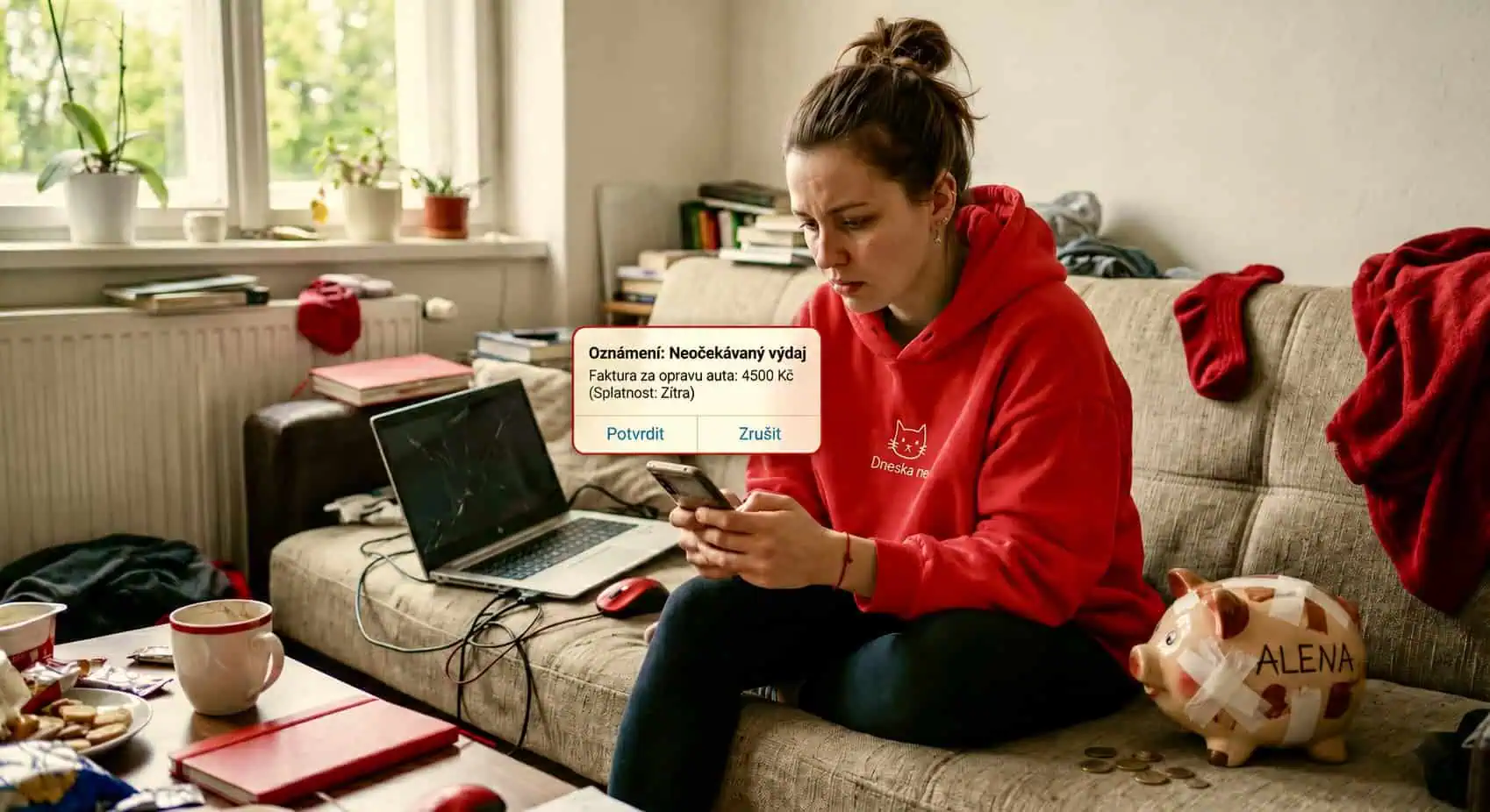 Žena řeší škodu po vytopení domácnosti - generováno AI