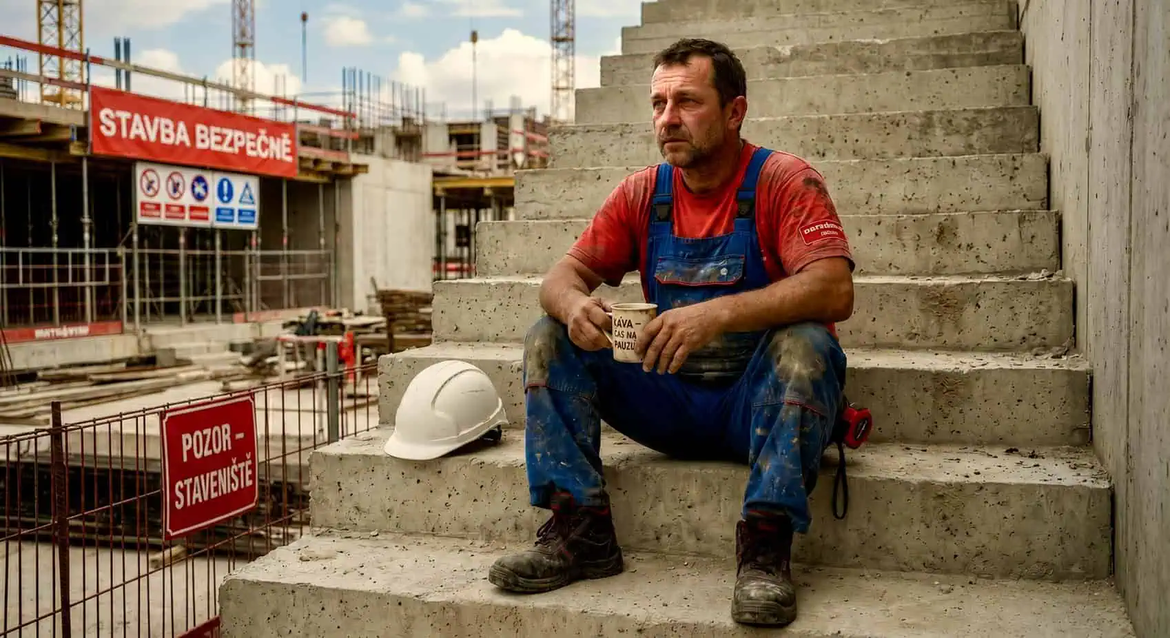 Unavený dělník sedí na schodech rozestavěné stavby s kávou v ruce - generováno AI
